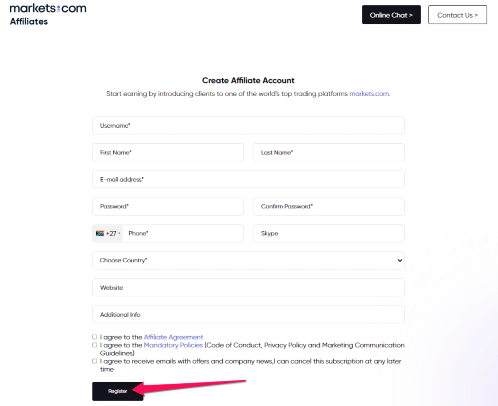 How to open an Affiliate Account with Markets.com step 3