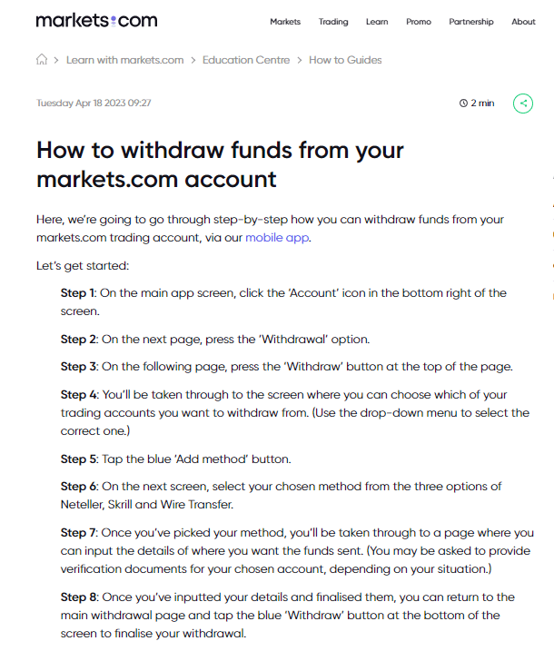 Markets.com Fund Withdrawal Process
