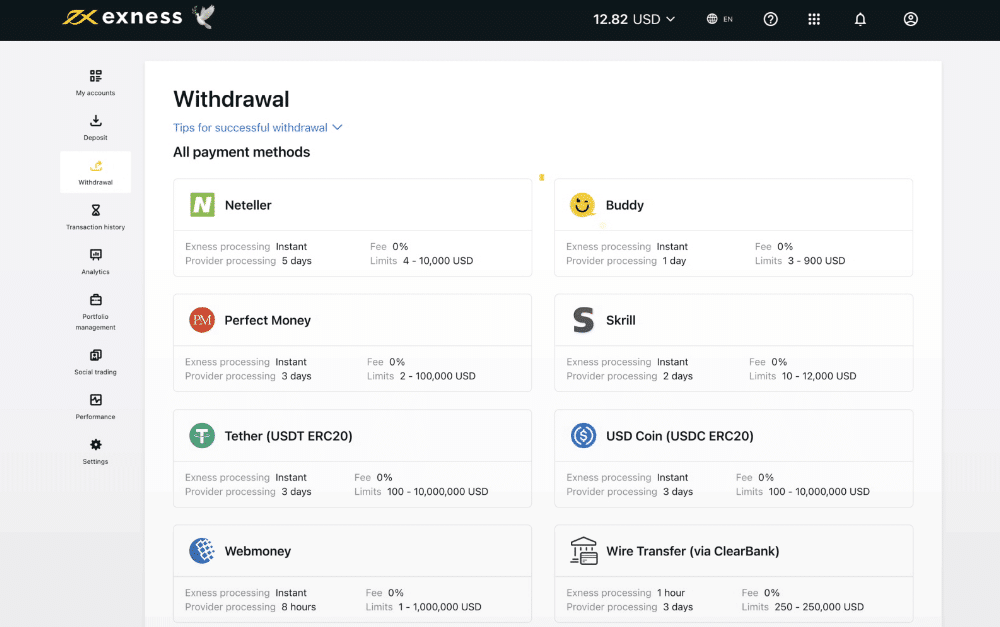 exness withdrawal methods